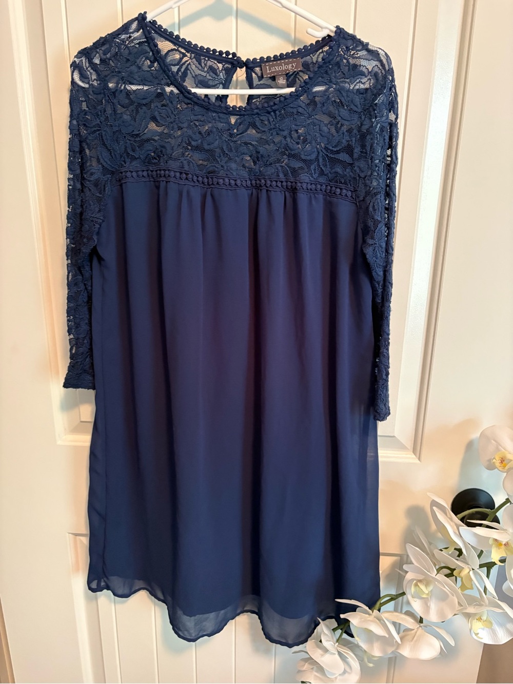 Luxology Navy Lace Yoke Tunic Top